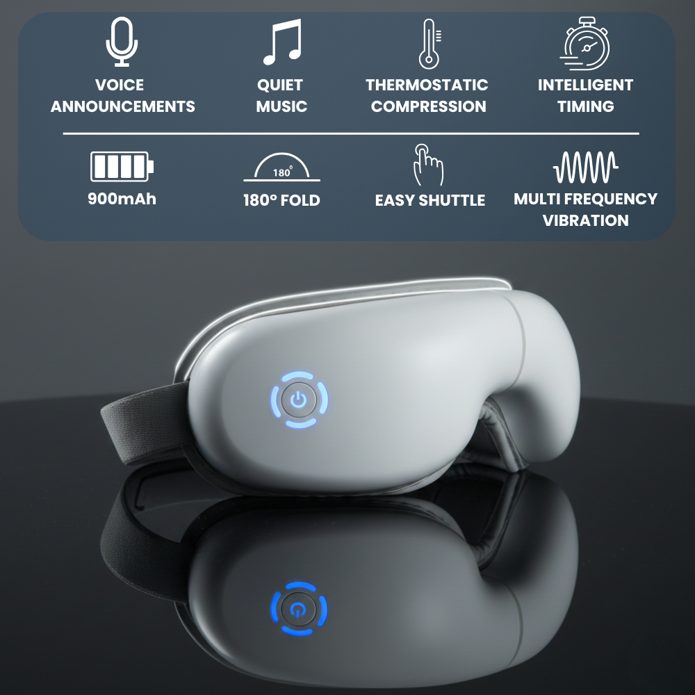 Opvarmet øjenmassageapparat – 5 tilstande til lindring af øjenbelastning, mørke rande og bedre søvn