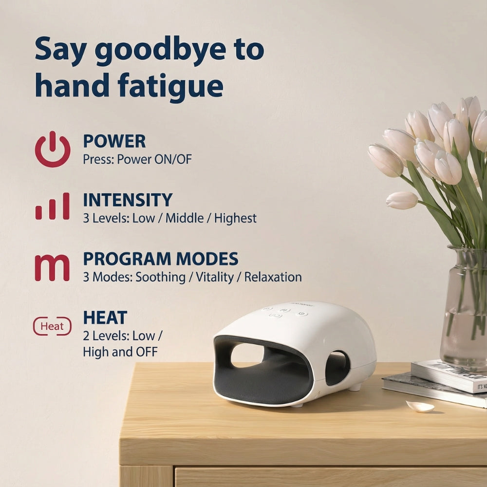 Ledningsfri håndmassager med varme og kompression til gigt og karpaltunnelsyndrom