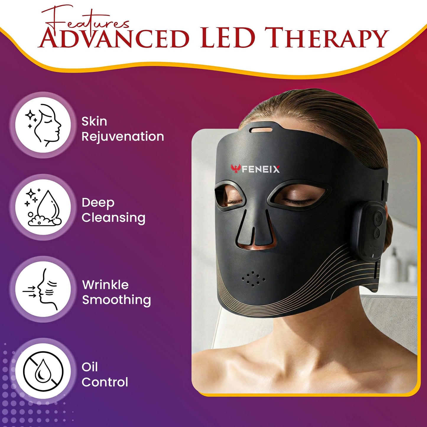 FENEIX Cordless LED Red Light Therapy Face Mask - Black - product image 3